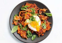 Sweet potato and kimchi fritters with fried eggs
