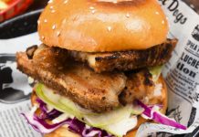 Sticky pork belly burgers with slaw and sriracha mayo